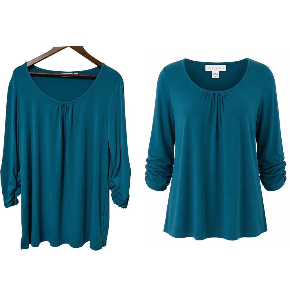 Susan Graver Tunic Top Womens L Liquid Knit Teal Blue Ruched 3/4 Sleeve Stretch
